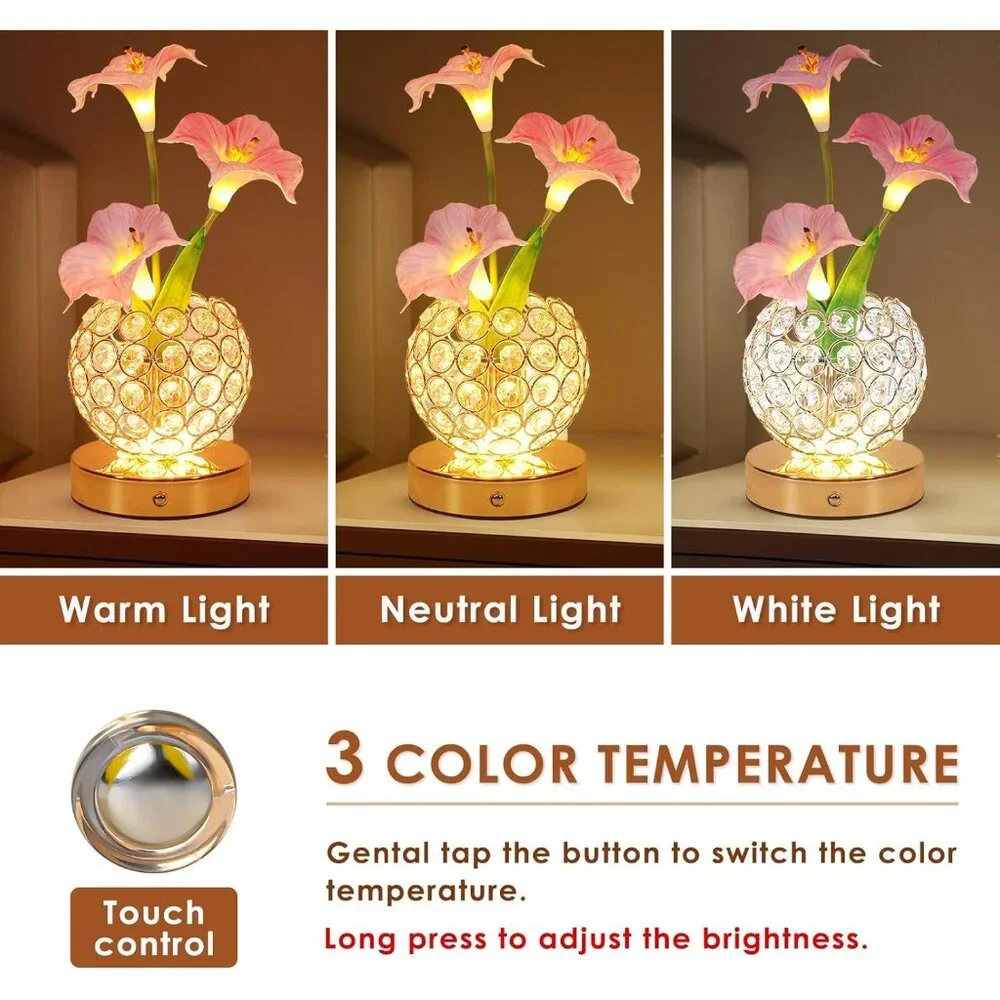Pink Artificial Flower Rechargeable Morning Crystal Touch Glory Table Lamp Decor